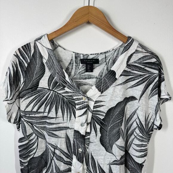 Tahari Women L 100% Linen Top Black White Leaf Button Up Crop Tropical Beach - Picture 2 of 6